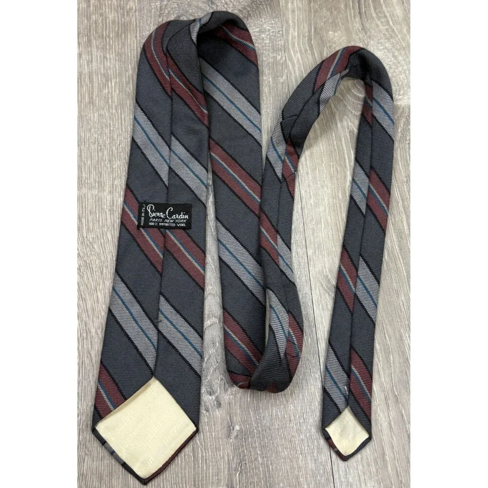 Pierre Cardin Vintage 60s 70s Wool Neck Tie Gray Burgundy Stripe Italy Made 56x3